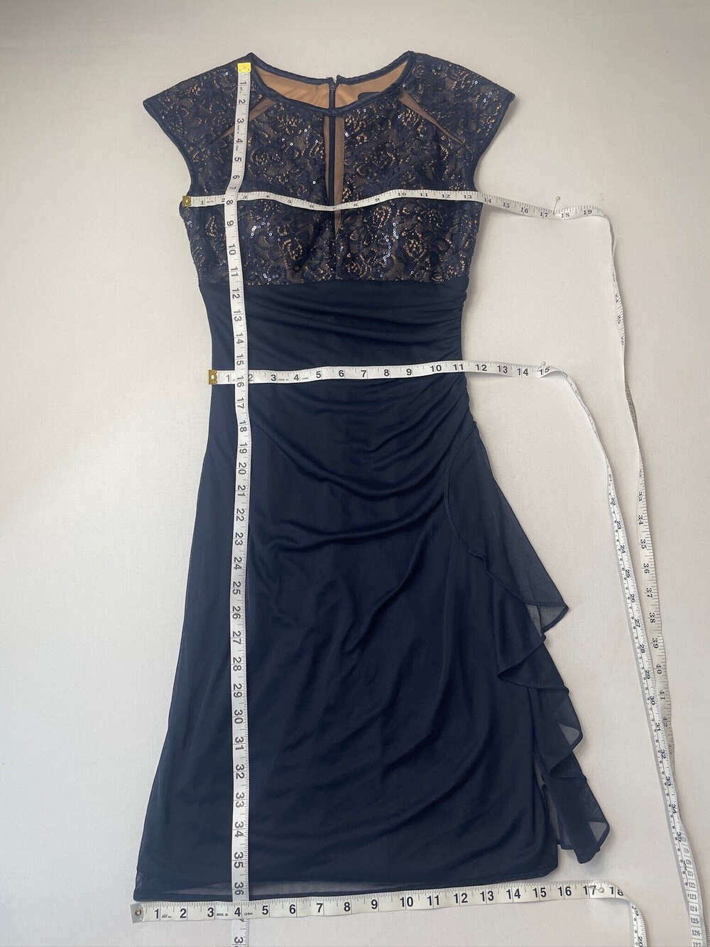 B&A by Betsy & Adam Navy Sequin Lace Ruched Cocktail Dress Size 2 - Picture 8 of 9